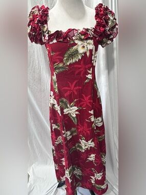VTG KY’s Hawaii Tropical Red Floral Ruffle Short Sleeve Maxi Dress Large USA